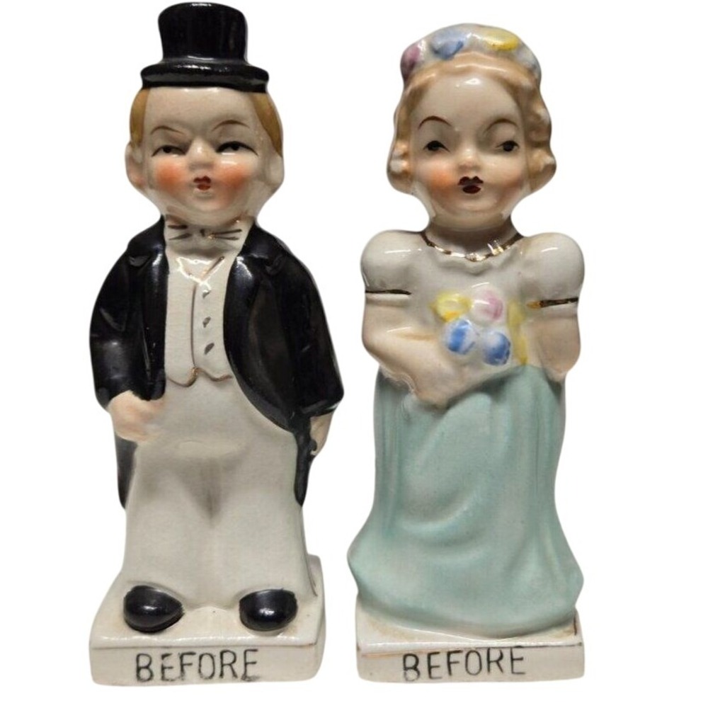Vintage Before After Figurines Bride Groom Wedding Novelty Salt & Pepper Set